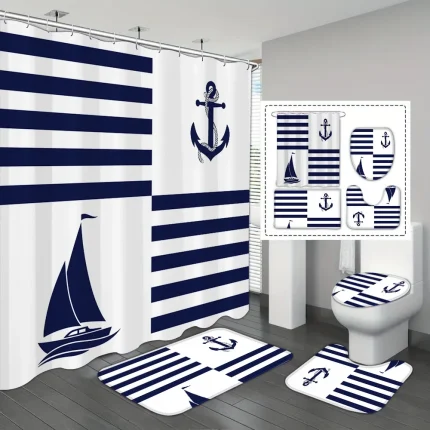 Juego de 4 piezas de cortina de ducha impermeable con 12 ganchos y estampado oceánico de timón para velero, alfombrilla para el suelo del baño, alfombrilla en forma de U